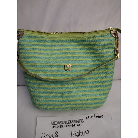 Eric Javits Multicolor Leather Strap Gold Metallic Bag Straw Canvas Stripes - Picture 2 of 12